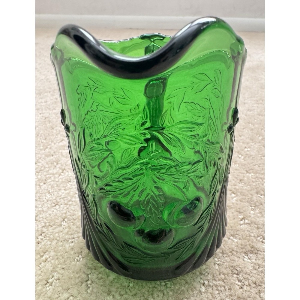 L.G. WRIGHT Opalescent Vaseline Uranium Glass Wreathed Cherry Creamer Pitcher - Picture 6 of 12